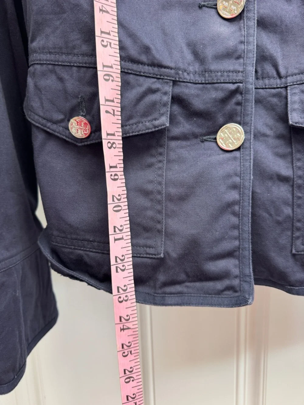 Tory Burch Dark Navy Utility Jacket with Silver Logo Buttons